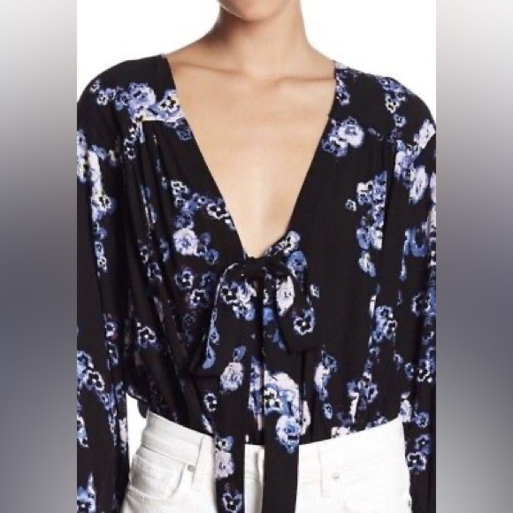 Free People Black Blue Floral V-Neck Tie Long Sleeve Bodysuit‎ Womens, Small - Picture 2 of 16